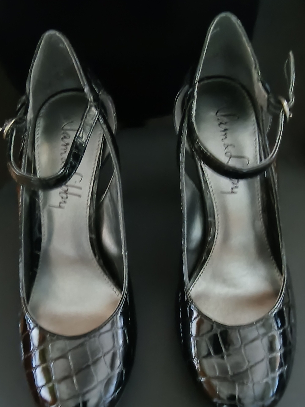 Sam & Libby Black Croc-Embossed Mary Jane Heels with Ankle Strap